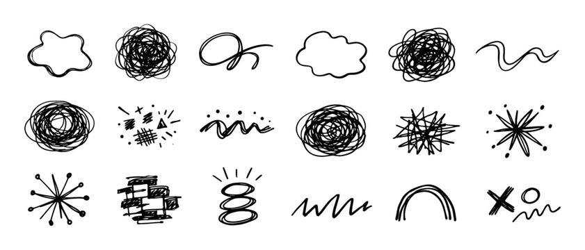 Abstract hand drawn doodle collection with scribbles, wavy lines, tangled circles, stars and random sketch design elements