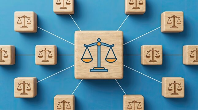 Justice scale icon on a central wooden block connects to many surrounding cubes featuring identical scale symbols to represent standardized legal decision systems.