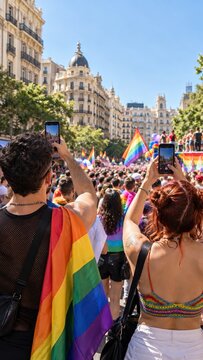 People celebrating LGBT pride parade filming crowd with mobile phones on sunny city street