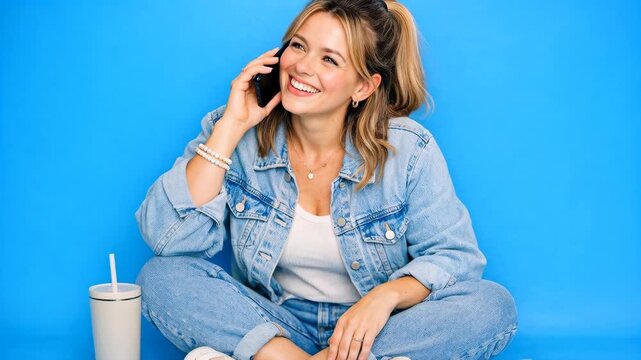Smiling woman in a denim jacket talking on a smartphone against a blue background