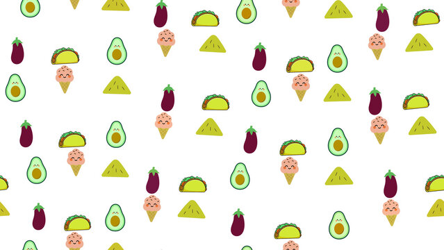 Cute food pattern with avocado, eggplant, taco, and ice cream