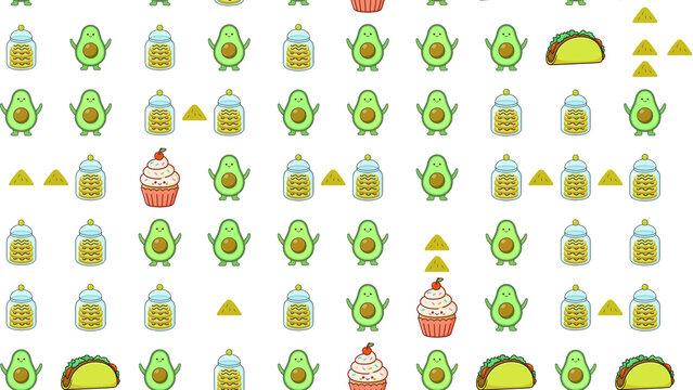 Cute food pattern with avocados, tacos, and cupcakes