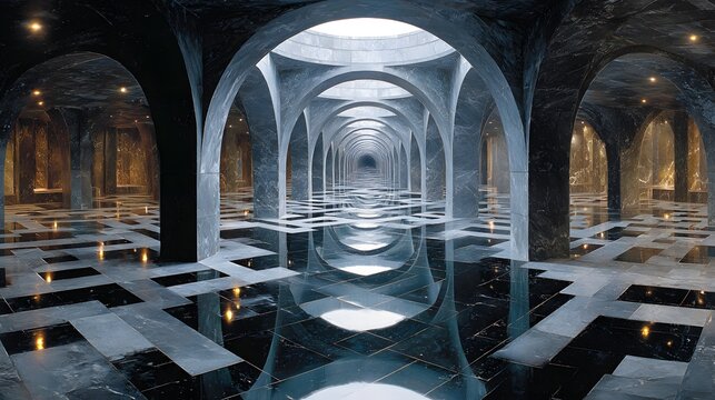 Luxury virtual hall featuring dark marble stone archways with wet floor reflections and warm spot lighting.