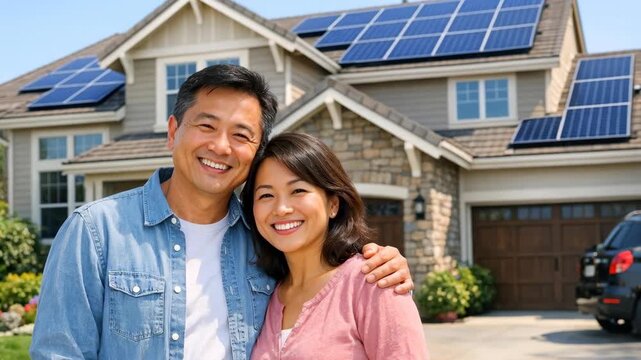Smiling Asian Couple in Front of a Modern House with Solar Panels