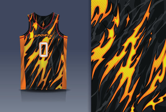 Basketball Jersey Sport Streetwear Design Abstract Flame Lava Splash Pattern Black Orange Gold Yellow