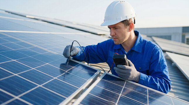 Professional technician inspecting solar panel, focus, energy maintenance, diligent worker, rooftop installation, photovoltaic system