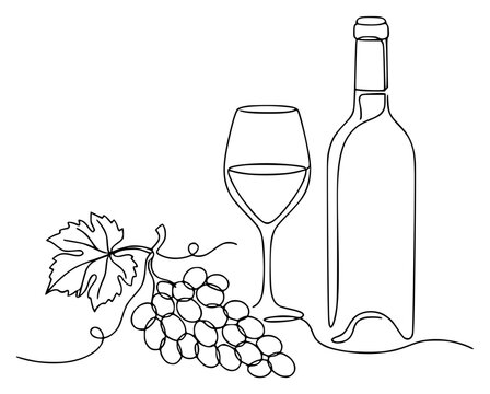 Continuous line drawing of a wine bottle a glass of wine set with simple line art design featuring outline, illustration, graphic elements with clean design and vector art