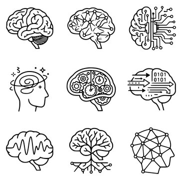 Grid collection of nine minimalist brain icons in a black set with simple line art design featuring line art, illustrations, graphic resources with vector and design elements