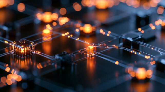 Overhead view of a transparent network model with illuminated data paths crossing an open section of a protective barrier amber boundary sensors highlighting the gap on a dark