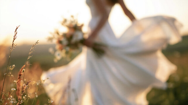 Blurry bride walking gracefully through a field during sunset, celebrating new beginnings and future dreams