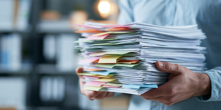 Employee carrying a huge stack of business documents and paperwork with colorful sticky notes, symbolizing workload