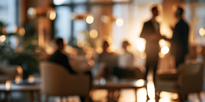 Business people networking and collaborating in a modern office or coworking space with warm lighting and bokeh