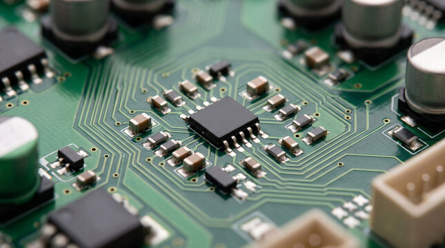Electronic circuit board with microchip component showing complex intricate connection patterns evoking sense of technical innovation