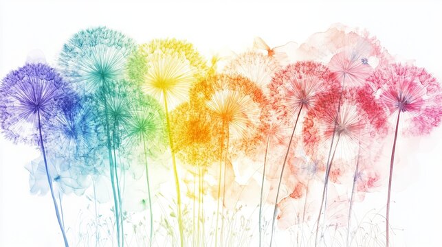 Delicate watercolor dandelion blooms painted in vibrant hues, creating a cheerful, whimsical, artistic, bright, and colorful concept