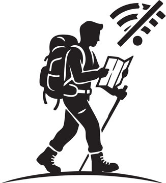 Backpacker hiking with Wi-Fi signal icon on backpack