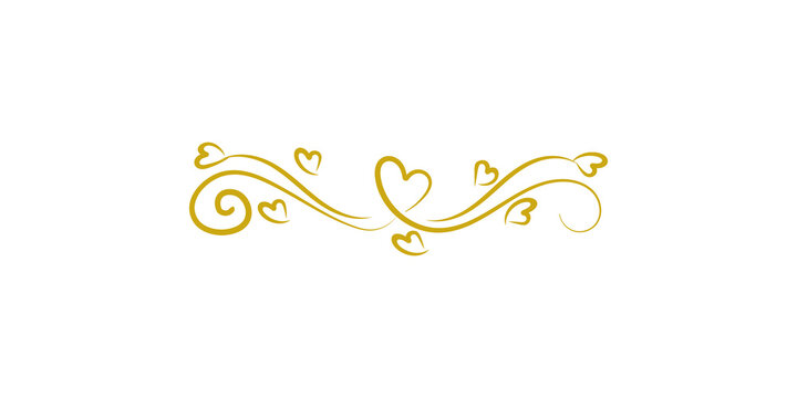 A goldcolored heartthemed flourish divider, designed with elegant swirls and delicate heart accents, isolated on transparent background