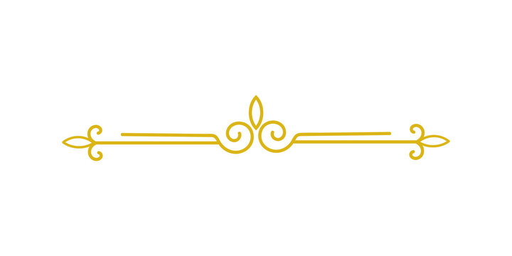 A golden vintage horizontal decorative divider line with ornate flourishes and a central leaf motif isolated on transparent background