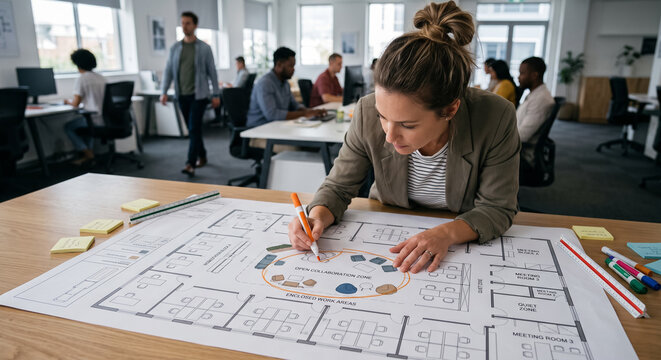 Interior designer working on office floor plan layout marking collaboration zone on blueprint. Concept of floorplan, office planner, architecture, architect.