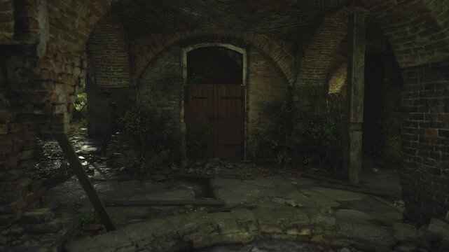 Eerie vaulted cellar entrance wooden door cracked flagstones leaning ladder faint foliage deep shadows oppressive silence suspenseful atmosphere suited