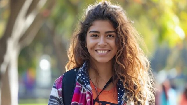 Smiling young woman with long wavy hair and scarf outdoors