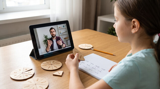 Girl learning fractions with online tutor via digital tablet at desk at home. Concept of remote tutor, math lesson, elementary student, distance education, homeschool, e-learning, video call.