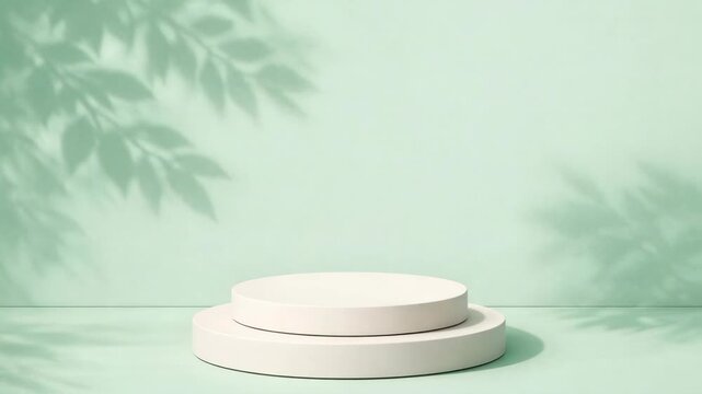 Minimalist White Tiered Podium on Mint Green Background with Leaf Shadows