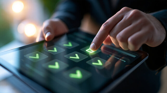 Overhead view of a professional completing a digital survey on a tablet cropped hand selecting a final checkbox beside earlier approved responses soft window light balanced with