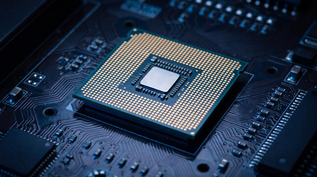 Central processing unit gold metal pin electronic circuit board component technology hardware engineering innovation powerful macro