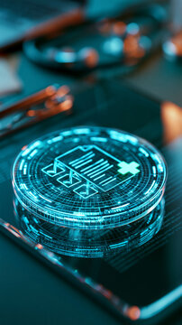 Transparent glass clipboard displaying luminous blue checklist marks above a circular digital grid a small green medical cross beside the document symbols controlled reflections