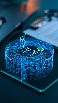 Transparent glass clipboard displaying luminous blue checklist marks above a circular digital grid a small green medical cross beside the document symbols controlled reflections