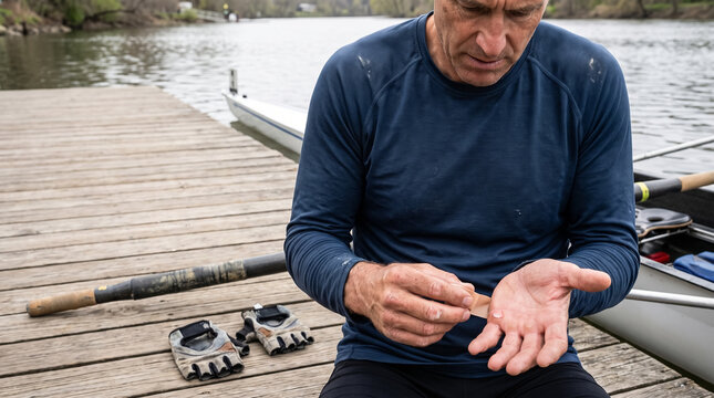 Male rower applying adhesive tape to blistered hand on wooden pier after rowing workout. Concept of oar, callus, hand injury, adhesive bandage, athletic tape.