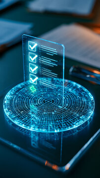 Transparent glass clipboard displaying luminous blue checklist marks above a circular digital grid a small green medical cross beside the document symbols controlled reflections