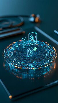 Transparent glass clipboard displaying luminous blue checklist marks above a circular digital grid a small green medical cross beside the document symbols controlled reflections