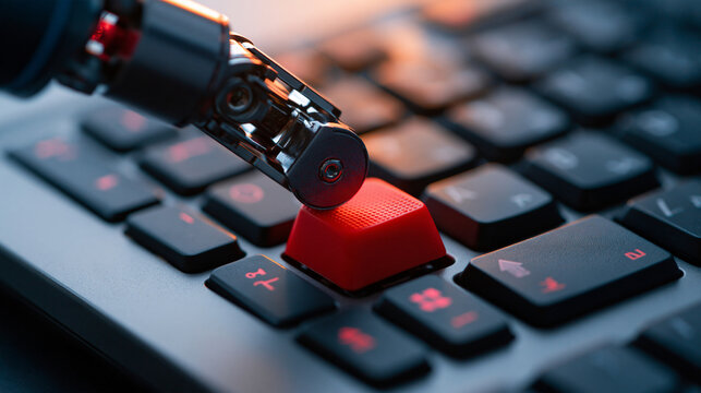 Macro side view of a robotic fingertip pressing a red warning key on a physical keyboard articulated metal joint and textured keycap sharply defined neutral gray work surface
