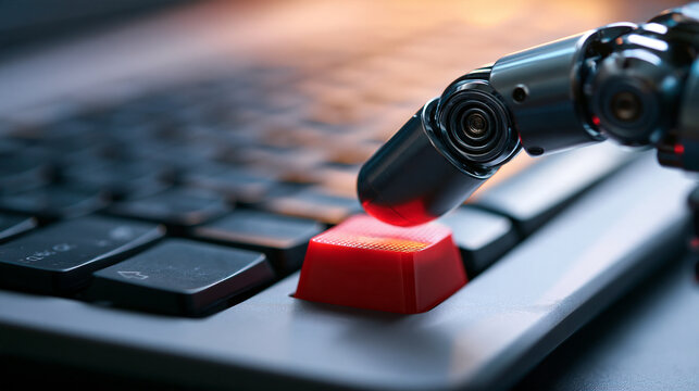 Macro side view of a robotic fingertip pressing a red warning key on a physical keyboard articulated metal joint and textured keycap sharply defined neutral gray work surface