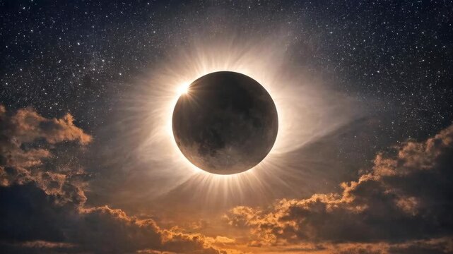 Total Solar Eclipse with Glowing Corona and Starry Sky Over Clouds