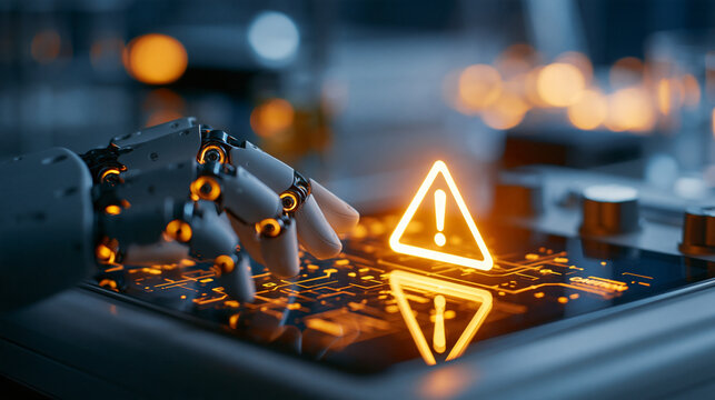 Side view of a robotic hand approaching a luminous caution symbol on a laboratory control panel the fingertips paused near the glass restrained amber reflections and softly
