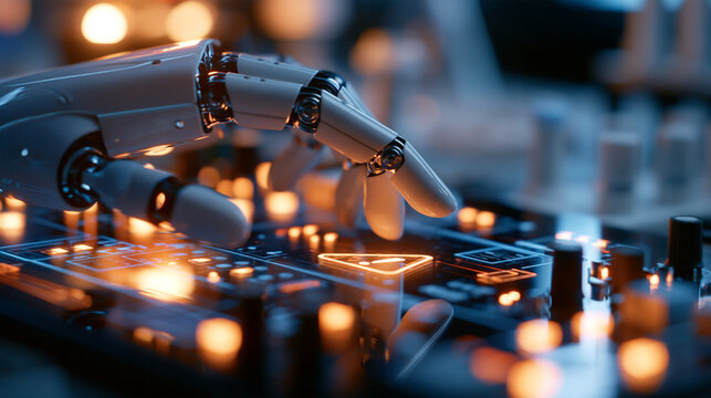 Side view of a robotic hand approaching a luminous caution symbol on a laboratory control panel the fingertips paused near the glass restrained amber reflections and softly