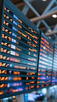 Large airport departure information board viewed at a slight upward angle organized luminous rows with generic airplane pictograms and softly defocused destination fields metal