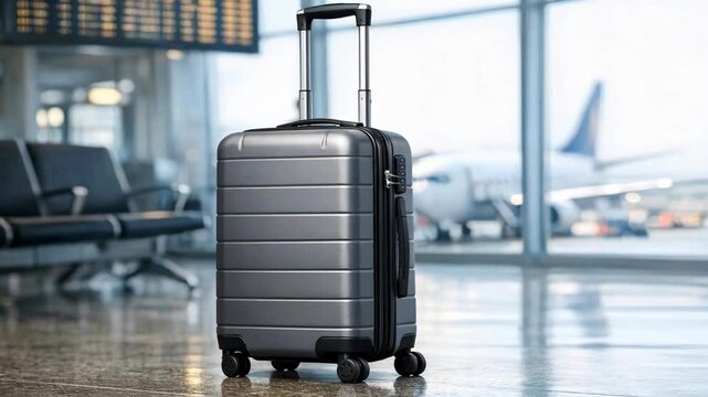Silver Suitcase in Airport Terminal with Airplane in Background