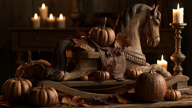 Antique wooden rocking horse decorated with autumn pumpkins and fall leaves in candlelight