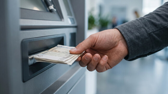 Person withdrawing cash from machine enjoying financial freedom and relief while holding money with happy and satisfied emotion