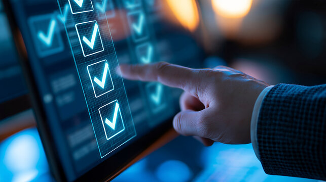 Cropped side view of a businessman pointing at a luminous completed checklist on a desktop screen hand and tailored sleeve sharply focused with the head outside the frame subtle