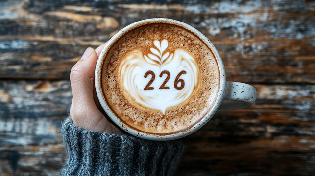 Warm brown latte art featuring a numerical design rests in a ceramic cup, representing a cozy morning beverage