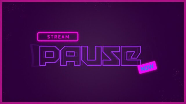 Neon pause stream loop background with glowing outline text on dark purple background. Ideal for break interludes, halftime pauses, and live stream timeouts.