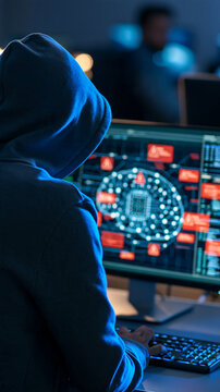 Rear view of a hooded figure at a dark workstation shoulders framing a display with an artificial intelligence processor diagram and red warning badges blue monitor light