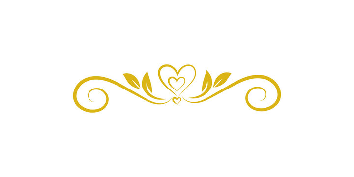 Gold vintage flourish divider with nested hearts isolated on transparent background