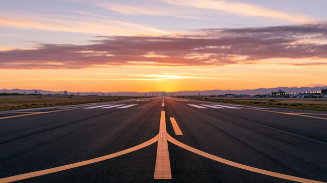 Empty airport runway extending toward a quiet sunset horizon textured asphalt and receding centerline markings beneath layered peach and violet clouds low amber illumination