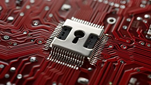 Macro View of a Microchip on a Red Printed Circuit Board