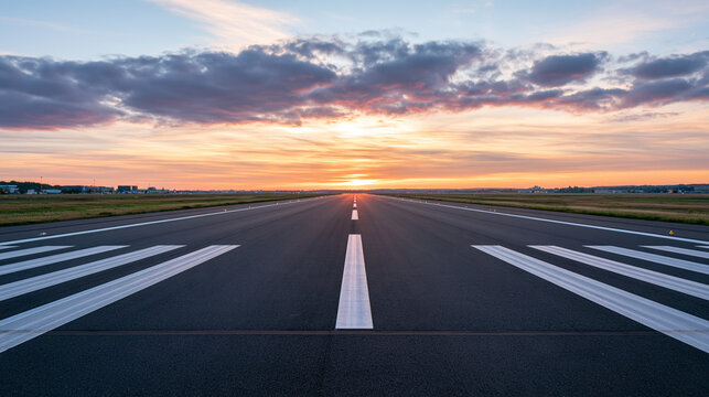 Empty airport runway extending toward a quiet sunset horizon textured asphalt and receding centerline markings beneath layered peach and violet clouds low amber illumination